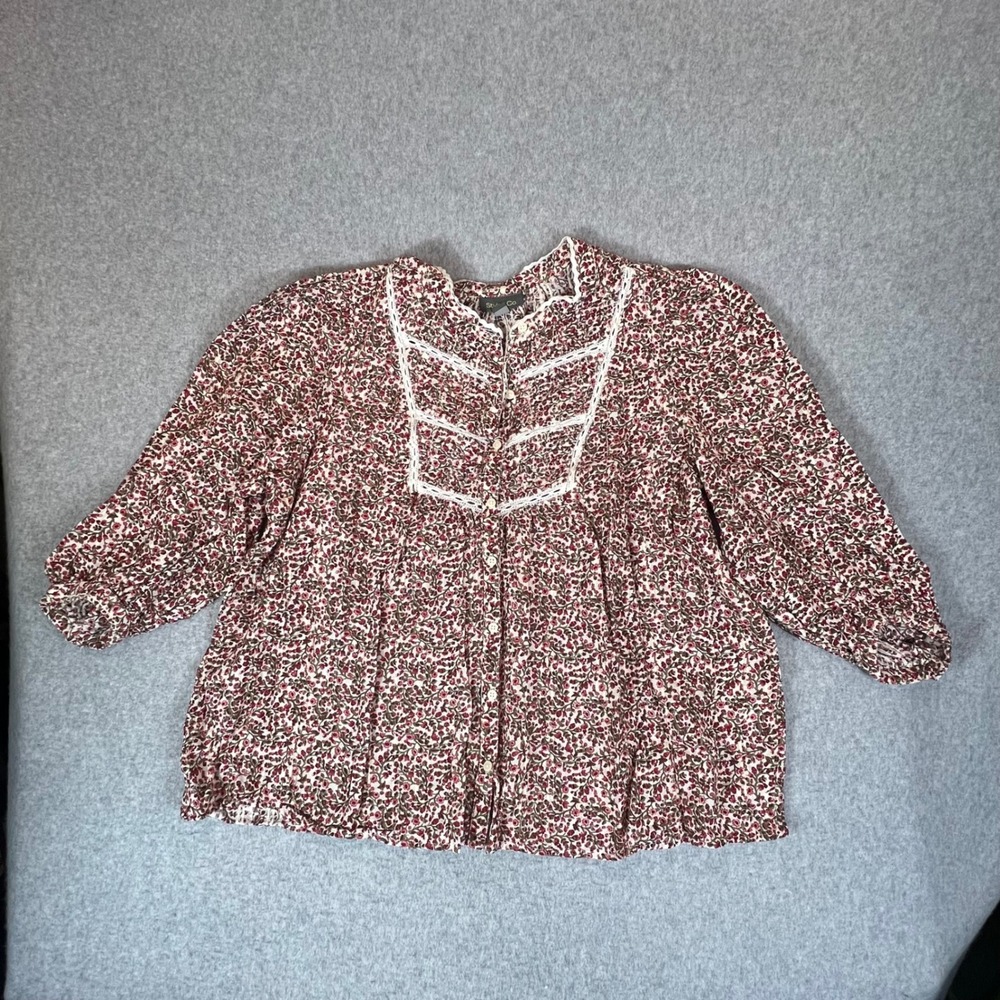 Style & Co Floral Blouse Womens XL Red Lace Trim 3/4 Sleeve Cotton Boho Peasant